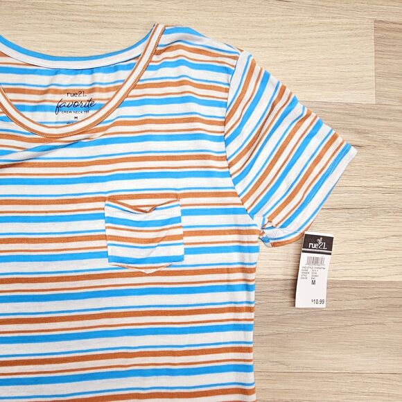 Rue 21 Womens Blue Brown Stripe Shirt Favorite Crew Neck Tee Medium - Picture 4 of 6